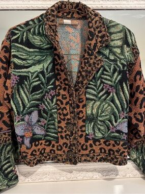 Painted Pony Tropical Leaf & Leopard Print Knit Tapestry Jacket Blazer- Vintage